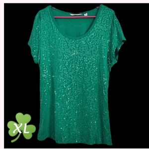 Isaac Mizrahi Emerald Sequin Short Sleeve Top